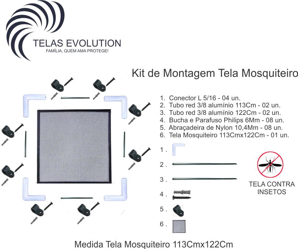 Tela mosquiteiro cinza 113x122 cm para janela, com moldura em alumínio e tela em fibra de vidro resistente.
